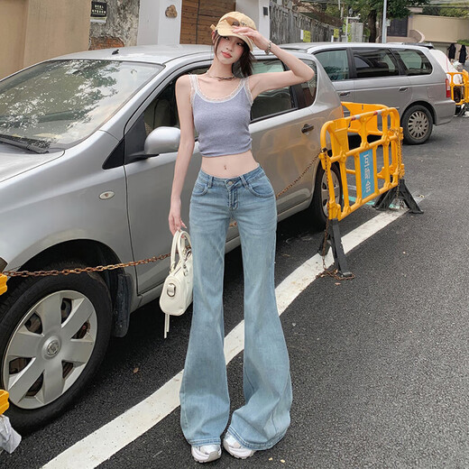 Light Color American Low Wisting Micro-Flare Jeans para mujeres en primavera y verano 2025 Nuevos pantalones de herradura sueltos y largos Pantalones azules Size S Tamaño de 89-98 Jin [Jin equivale a 0.5 kg]