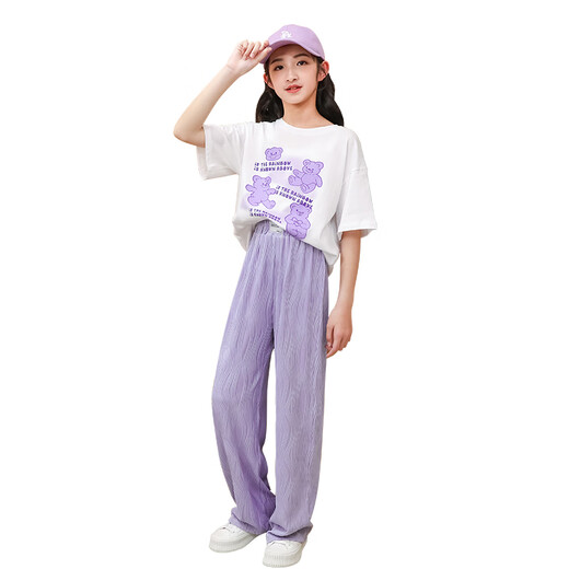 憨憨象女童夏季短袖套装2025新款洋气时髦童装中大童儿童两件套休闲夏装 15009紫色+9922白色 120