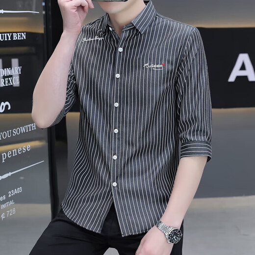 森马（Semir）商场同款男装2025夏季衬衫男条纹中袖韩版修身潮流半袖休闲小衫男 HT684黑色 M 90-105斤穿