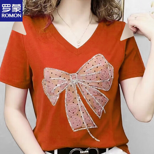 罗蒙（ROMON）2025短袖t恤女士夏新款修身显瘦时尚V领体恤短款上衣今年流行漂亮 黑色【604蝴蝶花】 2XL