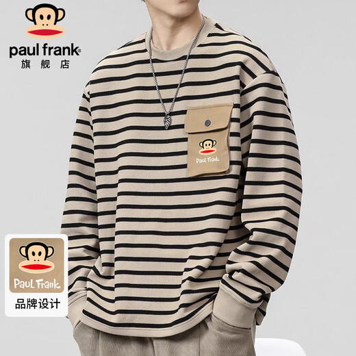 Paul Frank sweatshirt men's spring and autumn jacket men's striped long-sleeved T-shirt men's bottoming shirt top trendy brand khaki 3XL