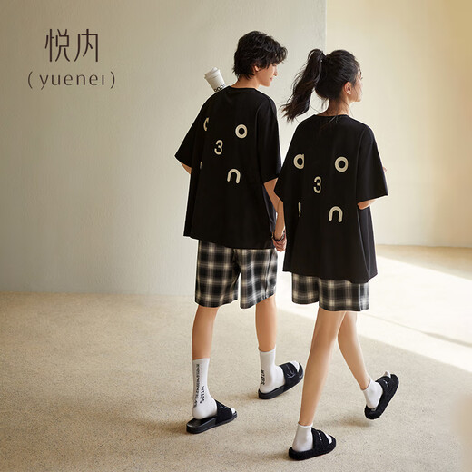 Yuenei Couple Pajamas Ladies with Breast Pad Summer Summer Pure Cotton Short Sleeve Shorts Home Clothes Men's Plaid Fashion Casual 33140 Casual Black-Men's XL (Male 140-160 Jin Jin equals 0.5 kg / Female 120-140 Jin Jin equals 0.5 kg)