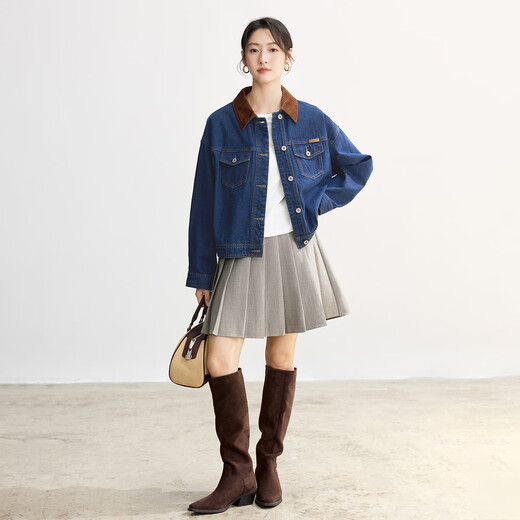 InMAN (INMAN) pure cotton contrast lapel denim jacket for women 2025 autumn fashion retro versatile loose jacket top dark denim blue XL