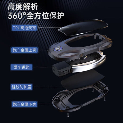 驰界奔驰钥匙套E300L车C260L扣GLC壳A200L包C200男GLA女GLB适用GLE350 奔驰B款+盾牌钥匙扣【时尚银】