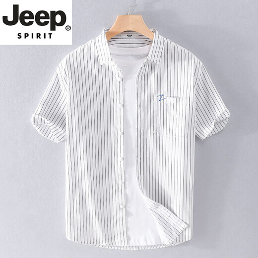 JEEP SPIRIT high-end men's pure cotton short-sleeved shirt Japanese casual summer thin striped shirt new trend splicing top 9740 white 2XL