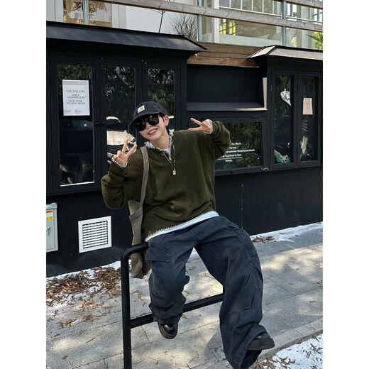 XBRO American retro vintage spring and autumn wool blended lazy Henry collar sweater pullover sweater for men and women dark green G076 wool sweater in stock M M loose and too large