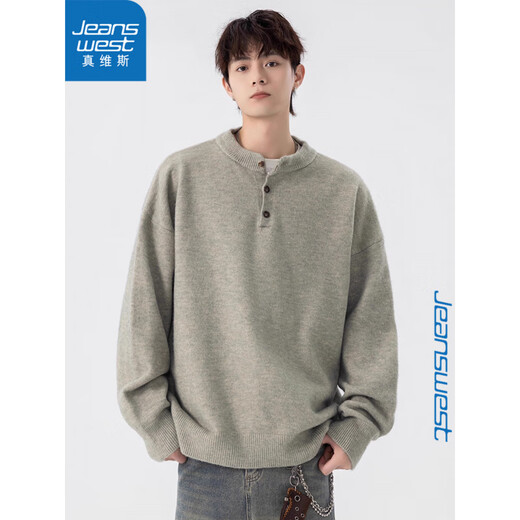 Jeanswest sweater Henry collar old money style sweater for boys autumn 2025 new warm loose versatile casual sweatshirt autumn light gray XL