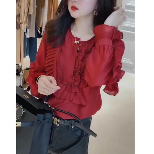 Commandant Bear 9857 Big Aimei Yiyuan 2025 AUTOMNE NOUVEAU COULE ROND PLAIS PLAISE CHIRT LONG TOP TOP TOP RED Shirt Red Shirt M