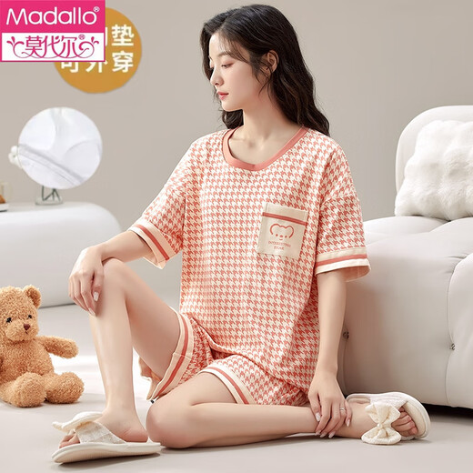 莫代尔睡衣夏季女2025新款带胸垫短袖纯棉清新全棉大码薄家居服夏天套装 柔软胸垫款1047 M 女（70-98斤）