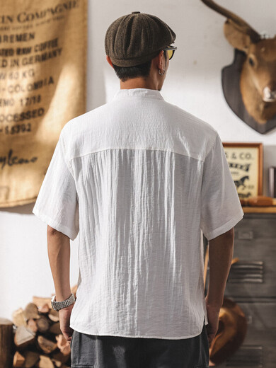 New Balance Chinese retro linen shirt men's short-sleeved summer new old money style Henry collar thin casual white shirt white L suitable for 120-140Jin Jin equals 0.5 kg