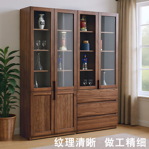 Yuanlin beam solid wood bookcase study room with glass door bookshelf wall storage rack walnut storage cabinet new Chinese display cabinet 120-33-200cm walnut bookcase