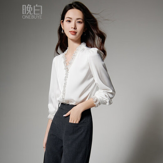 Late White New Product 2025 Autumn Style Elegant Shirt Fashion Lace Collar V-Neck Commuting Shirt Women White XL