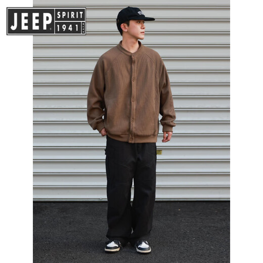 JEEP SPIRIT Japanese retro waffle cardigan sweatshirt jacket for men and women in spring and autumn loose casual sports Henry collar clip gray M