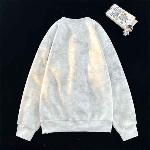 VUUG Tie Dye Dirty Round Neck Sweatshirt Men's Spring and Autumn American Fashion High Street Casual Bottoming Shirt White XL