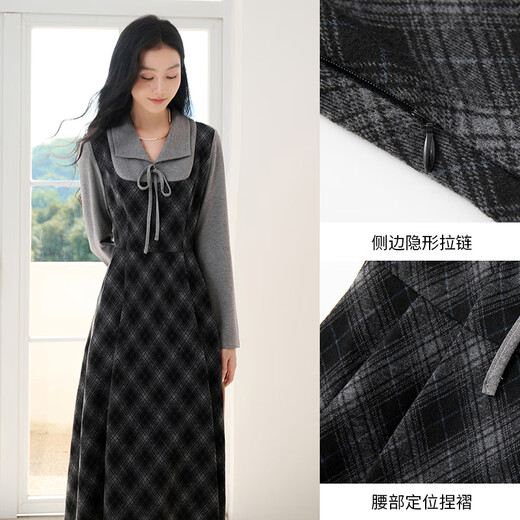 香影复古格子假两件连衣裙女2025秋季新款收腰拼接学院风中长裙子 深灰 M
