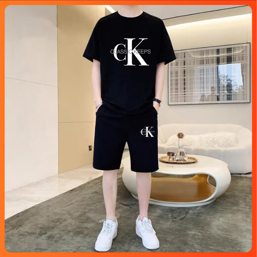 Calvin Klein Jeansck kurzärmeliger Anzug Sommer Männer reines Baumwoll-T-Shirt-Gelegenheits-Shorts Locker Los großer Fünf-Punkte-Sporthosen Trendy Herren-Kleidung 701 Setzen Sie schwarz 2xl (165-190jin [Jin gleich 0,5 kg])