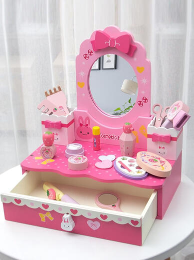 Wooden simulated children's dressing table house toy makeup table 3-4-5th birthday gift girl accessories box CU hair salon bag style