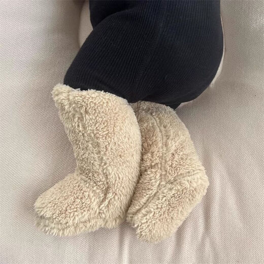 Jingmengyuan ins Korean infant plush socks for men and women winter warm coral velvet socks shoes non-slip floor socks light khaki plush socks