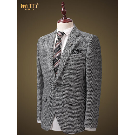 RESHILY gray wool suit for men, autumn and winter thickened slim business dress, high-end woolen professional formal wear, wool floral gray 2-piece set, jacket + trousers L (50) /175A, default size 32 pants