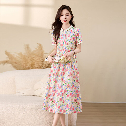 Ehangy轻奢品牌连衣裙女2025夏季新款休闲气质显瘦时尚百搭流行裙子 粉花 M 80-100