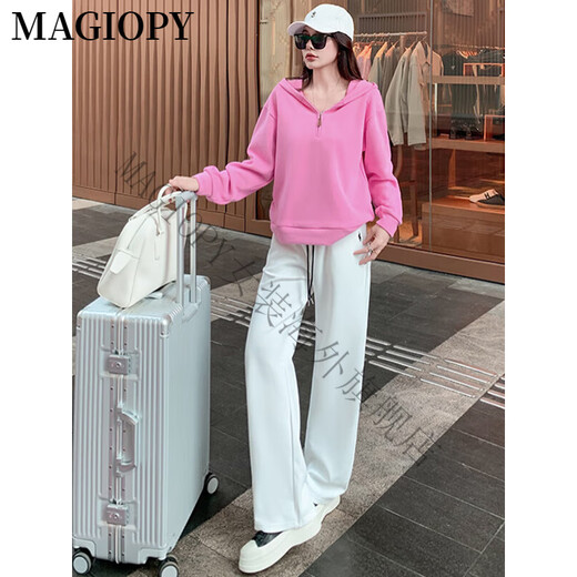 Magiopy International Luxus High-End-Marke Salt Fried Street Casual Sports Set Frauen Frühling 2025 Neue Langarm-Kapuzen-Sweatshirt Pink Top + White Hosen S (100jin [Jin entspricht 0,5 kg]))