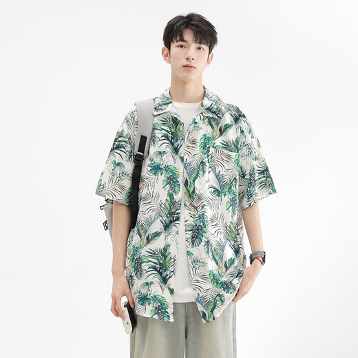 Kurashi Ichiki 2025 summer loose and comfortable ice silk cool short-sleeved shirt men's Hawaiian beach flower shirt jacket 6629 Madagascar black L
