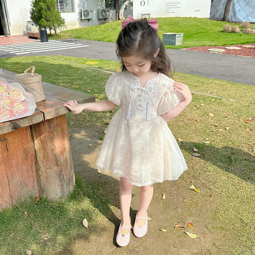 纷资言女童连衣裙2025新款宝宝旗袍夏季公主裙中式国风礼服夏装裙子 ZX6629米杏色 90