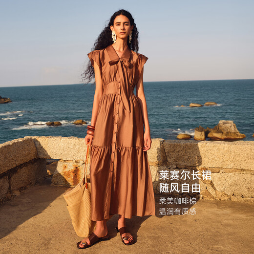 歌莉娅天丝连衣裙女夏季贵气穿搭2025新款独特飞袖裙子1E5C4K680 91Y啡色 XXS