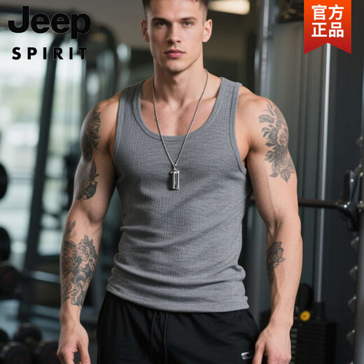 JEEP SPIRIT夏季工装复古白色棉健身背心运动老头汗衫跨栏重磅螺纹坎肩打底男 黑色 L (建议115-135斤)
