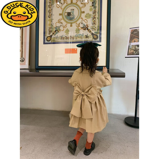 G.Duckkids Mädchenwindbreaker 2024 Frühling neuer Kinder modische mittlere Jacke mit mittlerer Länge Baby Korean Style Bow Top Khaki Spot 90 (Referenzalter 2-3 Jahre alt) (Kleiderlabel 90)