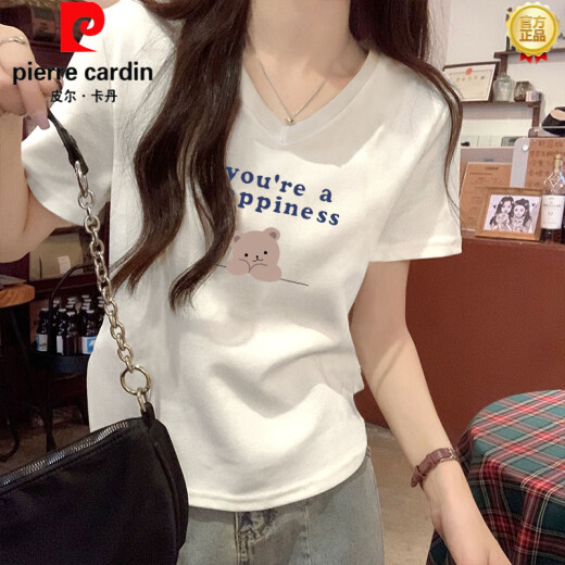 Pierre Cardin Camisa de base de cuello en V blanco Camiseta de algodón de algodón puro Camiseta de manga corta para mujeres Summer Pequeño collar de pollo Sume suelto suelto tapa de altura a media manga tostada en V kc693 White M