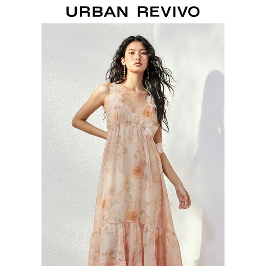 
UR [Zhong Chuxi co-branded model] 2025 autumn new women's vacation style floral dress UYL750117 pink orange print (neck low) S