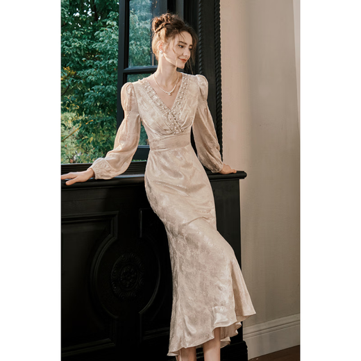 GJFD Sandalwood Snow French long-sleeved dress engagement light luxury fishtail elegant dress skirt Sandalwood Snow S