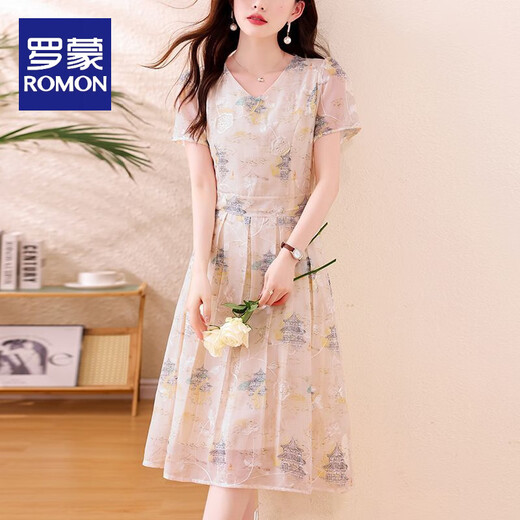 Romon (Romon) El vestido estampado de estilo chino reduce la edad y la carne de las pieles y está de moda 2025 Summer New Fashion Fashion Slim y Elegant Skirt 9797 Light Apricot Color Sigue la tienda [Envío prioritario M Recomendado 95-105Jin [Jin equivale a 0.5 kg]