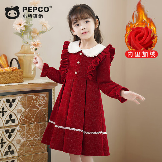 Piggy Banner (PEPCO) girls winter red dress stylish plus velvet children's clothing winter skirt little girl princess dress red 150