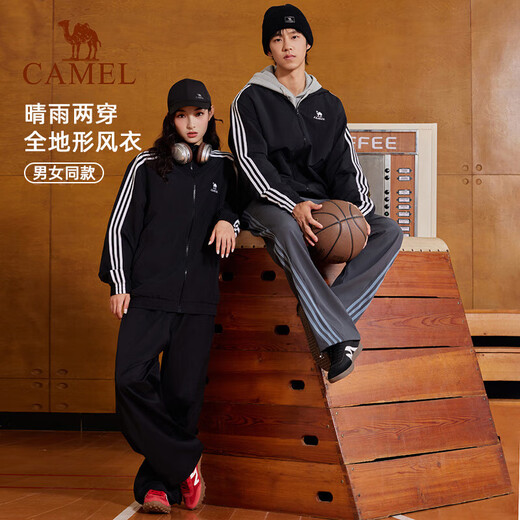 Camel all-terrain windbreaker for men 25 new autumn and winter outdoor water-repellent sports retro stand-up collar jacket for women C35CABH040, phantom black, unisex L