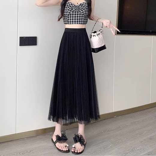 Mesh skirt for women, Spring and Autumn 2025 new summer drape high waist slim pleated long skirt covering hips 1369 American black* mesh fairy skirt XL (recommended [125Jin[Jin equals 0.5 kg]-140Jin[Jin equals 0.5 kg]])