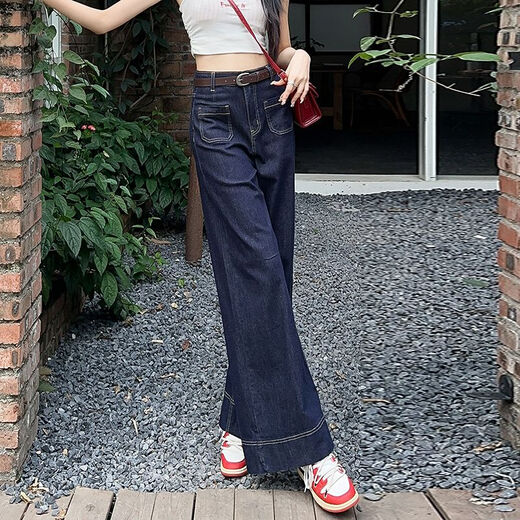 New loose and versatile flare pants for women, tall early spring jeans trousers, high waist slimming floor pants, Denning Blue Nine-point 9887# Regular L