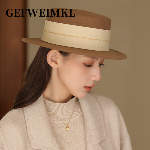 GEFWEIMKL Merino Wool Top Hat Feminine Style Socialite Spring and Autumn New Elegant and Versatile Hepburn Style Fashion Flat Top Hat Camel