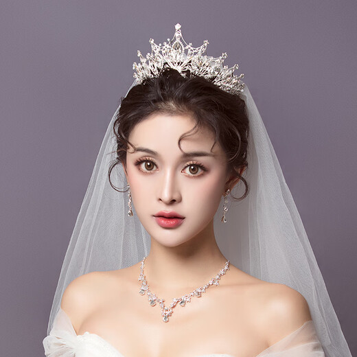 YIBIY新娘结婚头饰皇冠项链耳环三件套新款礼服头纱配饰大气王冠发饰女 银色皇冠【简装】