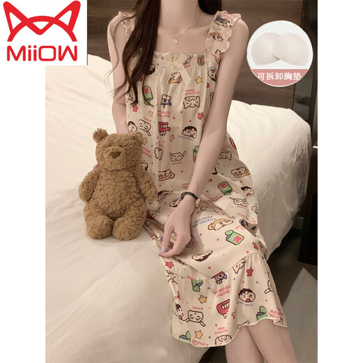 MiiOW chemise de nuit pour femmes en été avec coussinet de poitrine intégré, pyjama à bretelles cool en soie glacée, vêtements de maison doux et mignons pour dames d'été, printemps et automne 3887 coussinet de poitrine non amovible M 75-100Jin Jin est égal à 0,5 kg