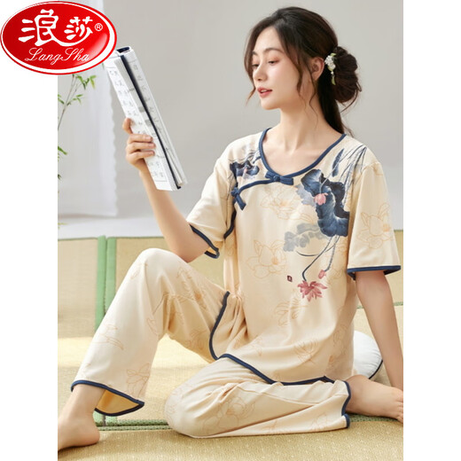 
Langsha 2525 new Chinese style pajamas women's suit summer thin trousers pure cotton home clothes can be worn outside LZY9904 L size (recommended 95-115Jin [Jin equals 0.5 kg])