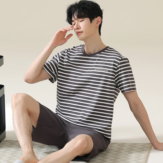HUALIN FASHION2025夏季条纹睡衣男士青少短袖棉质家居服大码 HDE-9928 175 L