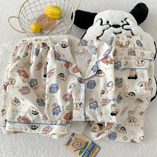 Ji Yafu Crayon Xiaoxin Sommer dreiteiliger Pyjama-Frauen-Kurzarm-Langhose dünne Ins Stil Sommer Baumwollgarn Home Kleidung Yunduo Cotton-J9901# Paradise Welpe Drei-Keugel-Set M [vorgeschlagen 75-100jin [Jin gleich 0,5 kg]]]