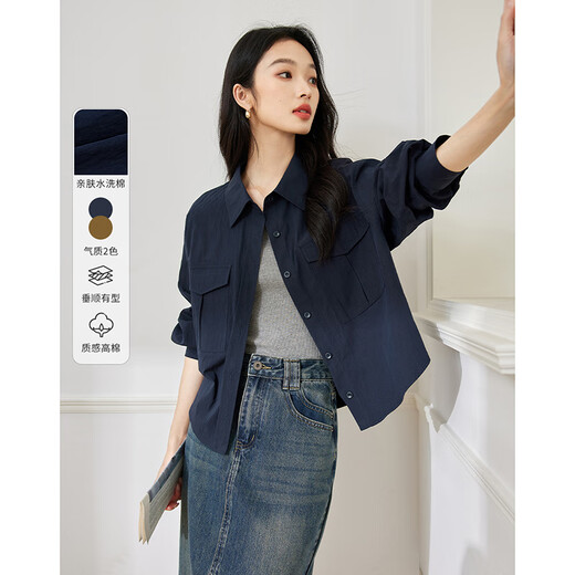 Fanciman French casual long-sleeved shirt women's spring new slimming niche off-shoulder temperament shirt Navy XL