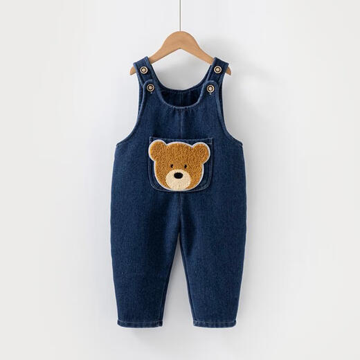 G.DUCKKIDS baby denim overalls autumn and winter plus velvet cute little bear jumpsuit for boys and girls without falling off the shoulders trendy baby cotton pants blue 90
