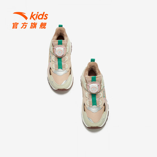 ANTA children's cotton shoes for girls 2025 autumn new arrival velvet knob buckle leather surface water-repellent fashionable color matching snow boots brown gray-1 32 feet long about 20cm