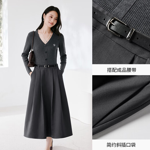 香影深灰色针织拼接连衣裙女2025秋季新款气质v领假两件收腰裙子 深灰 L