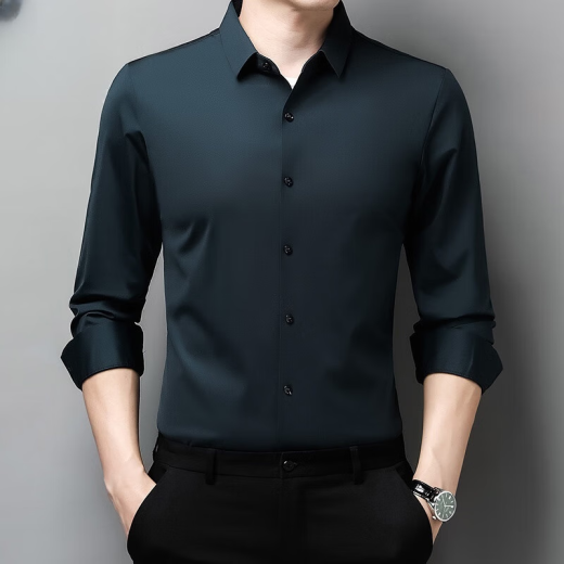MEOD轻奢国际高档男士衬衫无痕长袖衬衫中商务休闲高弹免烫纯色衬衣男 9928上青色 M 165/ 建议90-120b