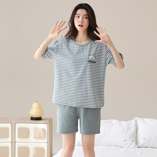 雅鹿新款夏季纯棉睡衣女圆领短袖短裤家居服夏天薄款卡通少女全棉套装 9854 M